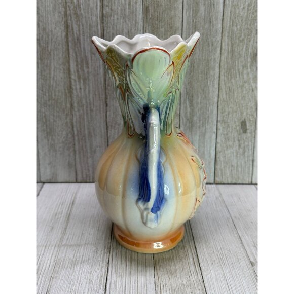 Vintage Lusterware Vase Art Pottery Floral Double Handle 9" - Made in Brazil - Picture 2 of 13